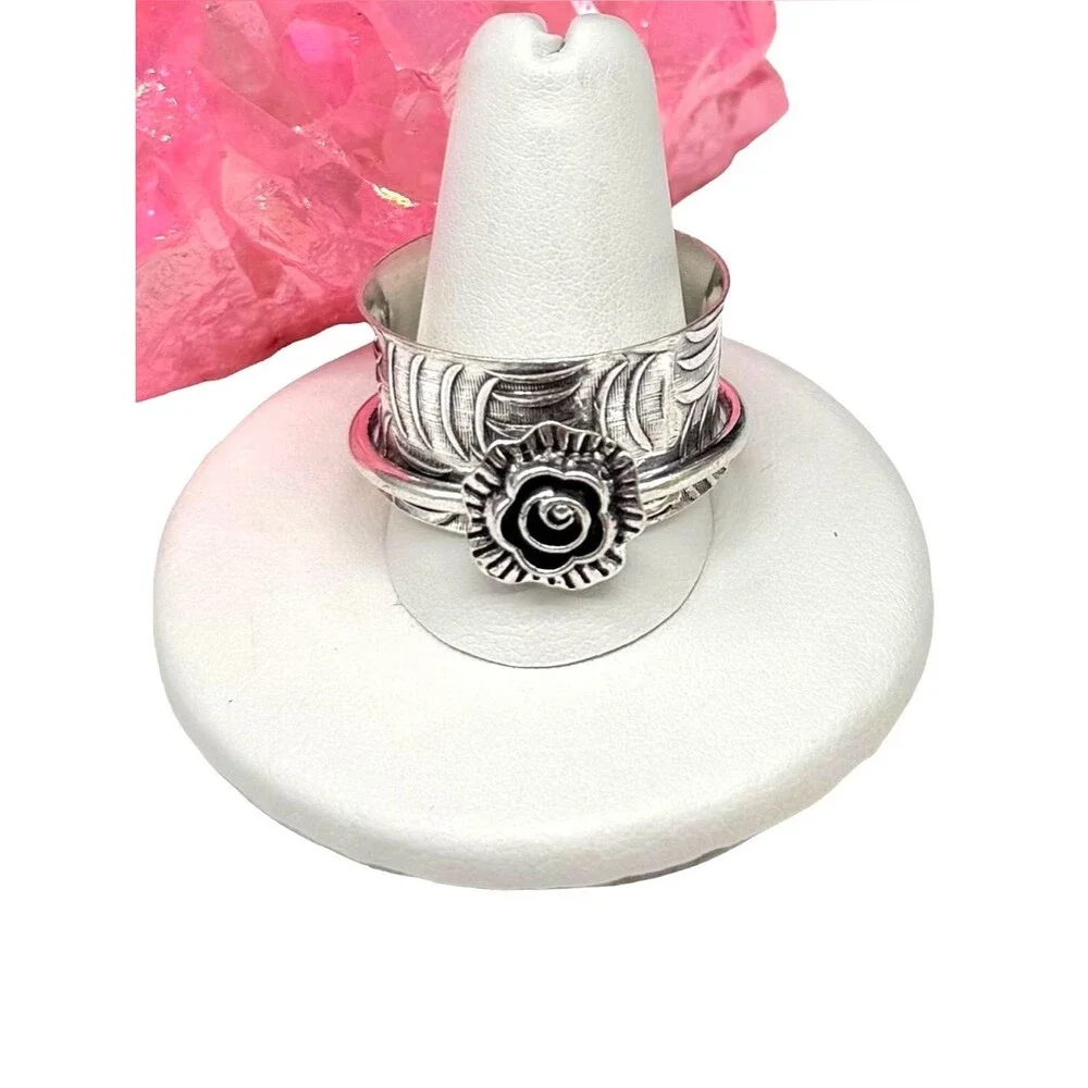 Spinner Ring Size 12 925 Sterling Silver Overlay Rose Flower Wide Band